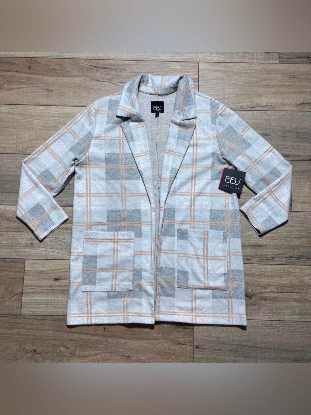 BBJ Los Angeles Womens Plaid Open Front Blazer Shacket Size Large‎ Gray Beige